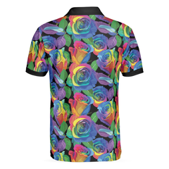 Rainbow Rose Polo Shirt, Colorful Roses Pattern Polo Shirt For Men - Hyperfavor