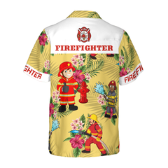 Graphic Proud Firefighter Hawaiian Shirt, Cream Tropical Floral Firefighter Shirt For Men - Hyperfavor