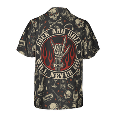 Rock N Roll Will Never Die Hawaiian Shirt, Electric Guitar Skull And Crossbones Hawaiian Shirt - Hyperfavor