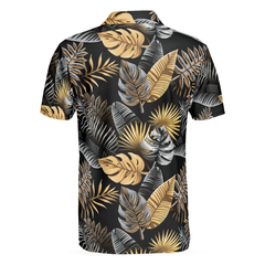 Tropical Golden Palm Leaves Pattern Polo Shirt, Tropical Leaf Polo Shirt For Adults, Summer Vibe Shirt - Hyperfavor