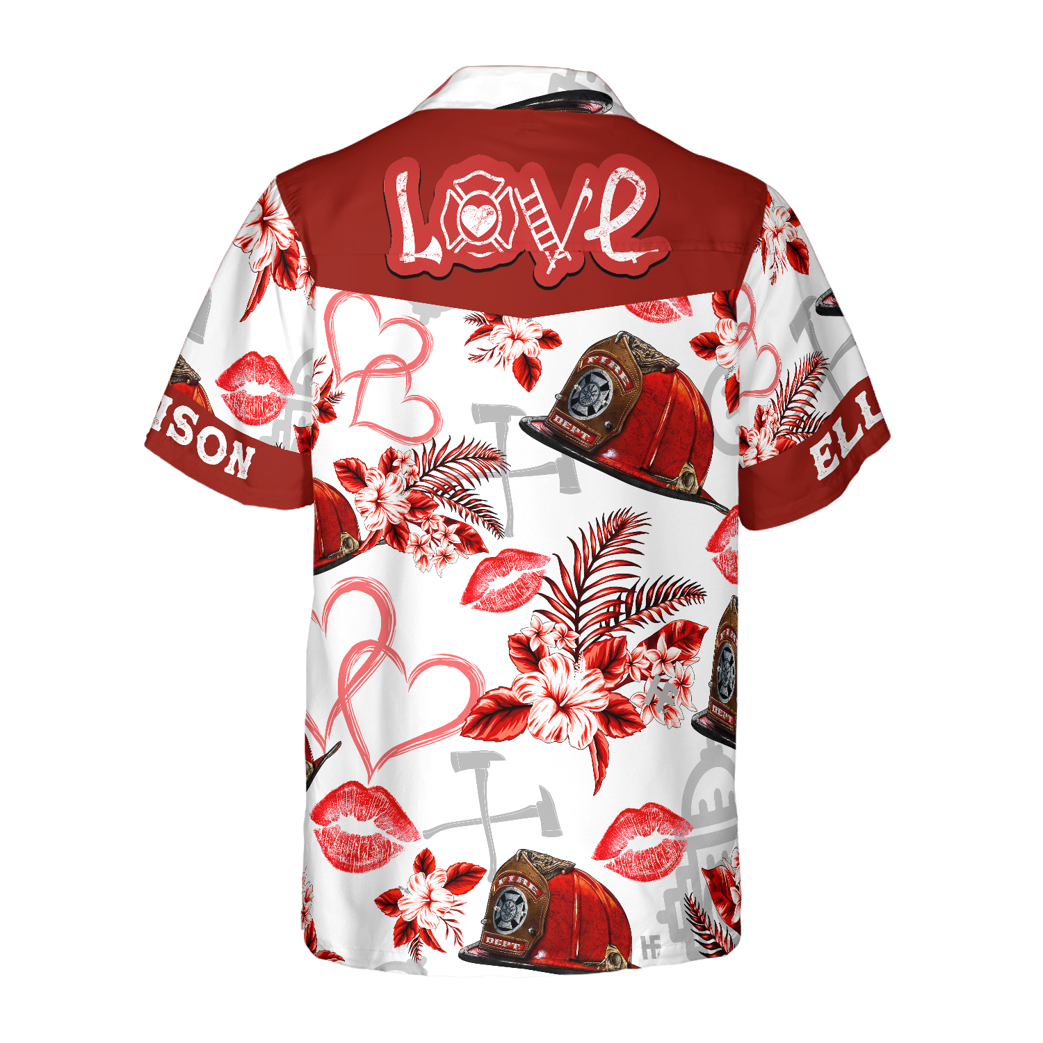 Love Firefighter Helmet Valentine Custom Hawaiian Shirt, Personalized Pink Heart Red Floral Firefighter Hawaiian Shirt For Men - Hyperfavor