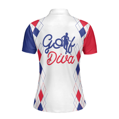 Golf Diva V2 Short Sleeve Women Polo Shirt, Red And Blue Argyle Pattern Golf Shirt For Golf Ladies - Hyperfavor