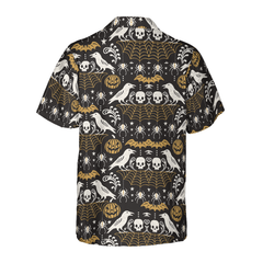 Halloween Eve Black Hawaiian Shirt For Men, Pumpkin Bat Crow Spider Web Skull Hawaiian Shirt - Hyperfavor