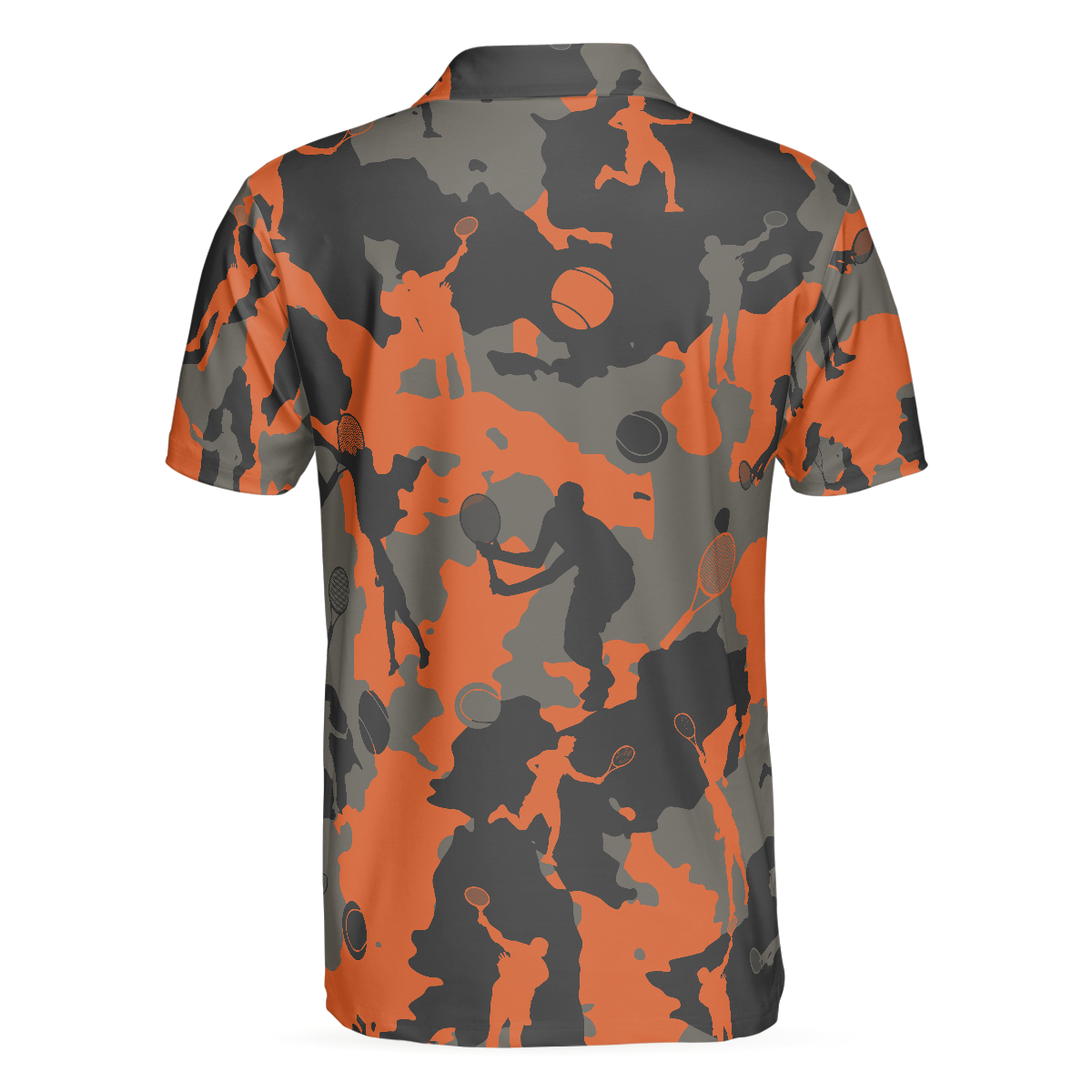 Orange Camouflage Tennis Polo Shirt, Tennis Player Silhouette Pattern Polo Shirt, Camo Golf Shirt For Men - Hyperfavor