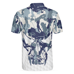 Blue And White Camouflage Golf Set Short Sleeve Skull Golf Polo Shirt, Best Camo Golf Shirt For Men - Hyperfavor