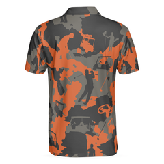 Orange Camouflage Golf Polo Shirt, Golfer Silhouette Pattern Polo Shirt, Camo Golf Shirt For Men - Hyperfavor