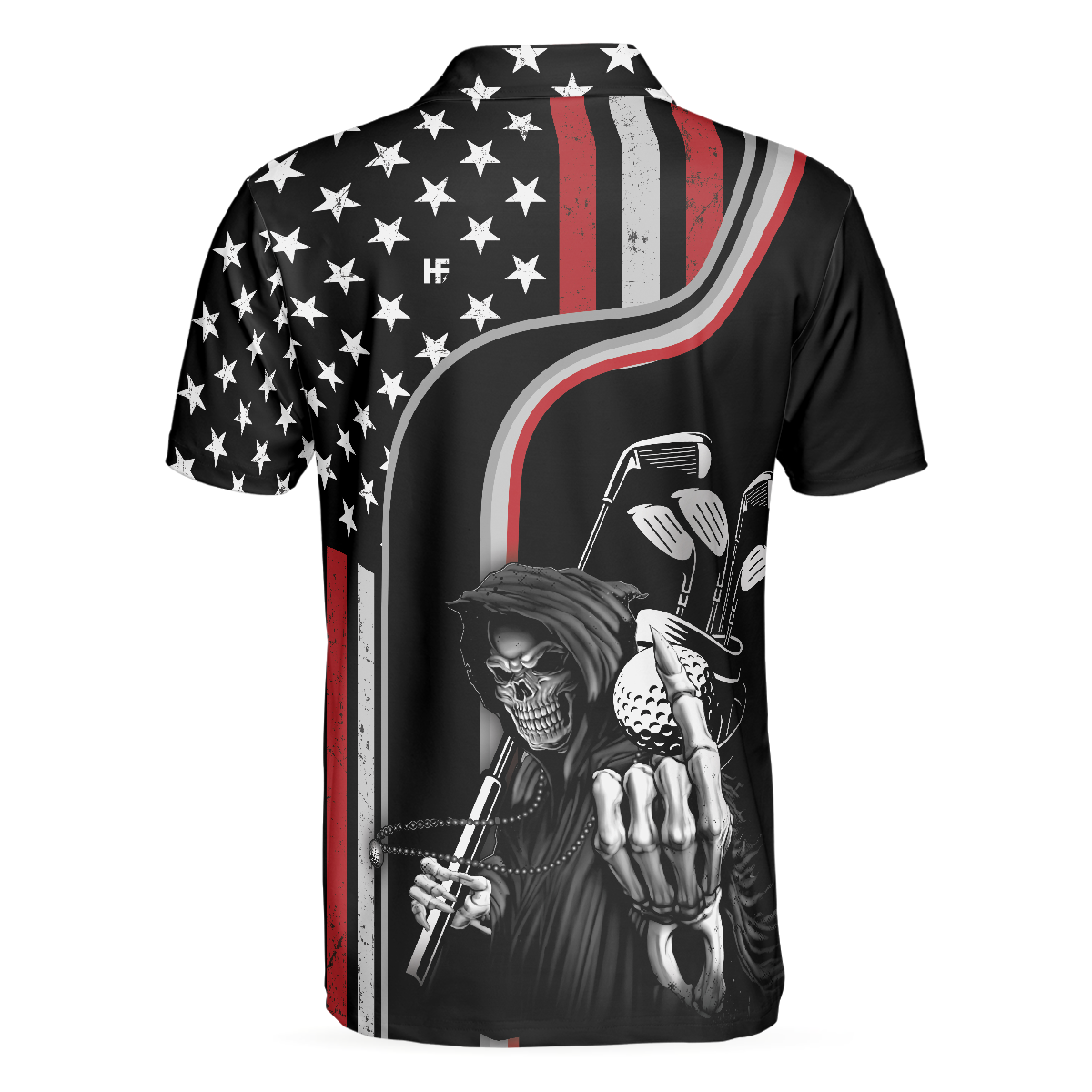 Reaper American Flag Short Sleeve Golf Polo Shirt, Black Theme Reaper Golfer Golf Shirt For Men - Hyperfavor