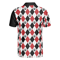 Bowling Red Black White Skull Pattern Short Sleeve Polo Shirt, Argyle Pattern Polo Shirt, Best Bowling Shirt For Men - Hyperfavor