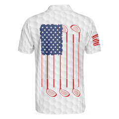 Golf Skull American Flag Short Sleeve Polo Shirt, White Golf Pattern Polo Shirt, Patriotic Golf Shirt For Men - Hyperfavor