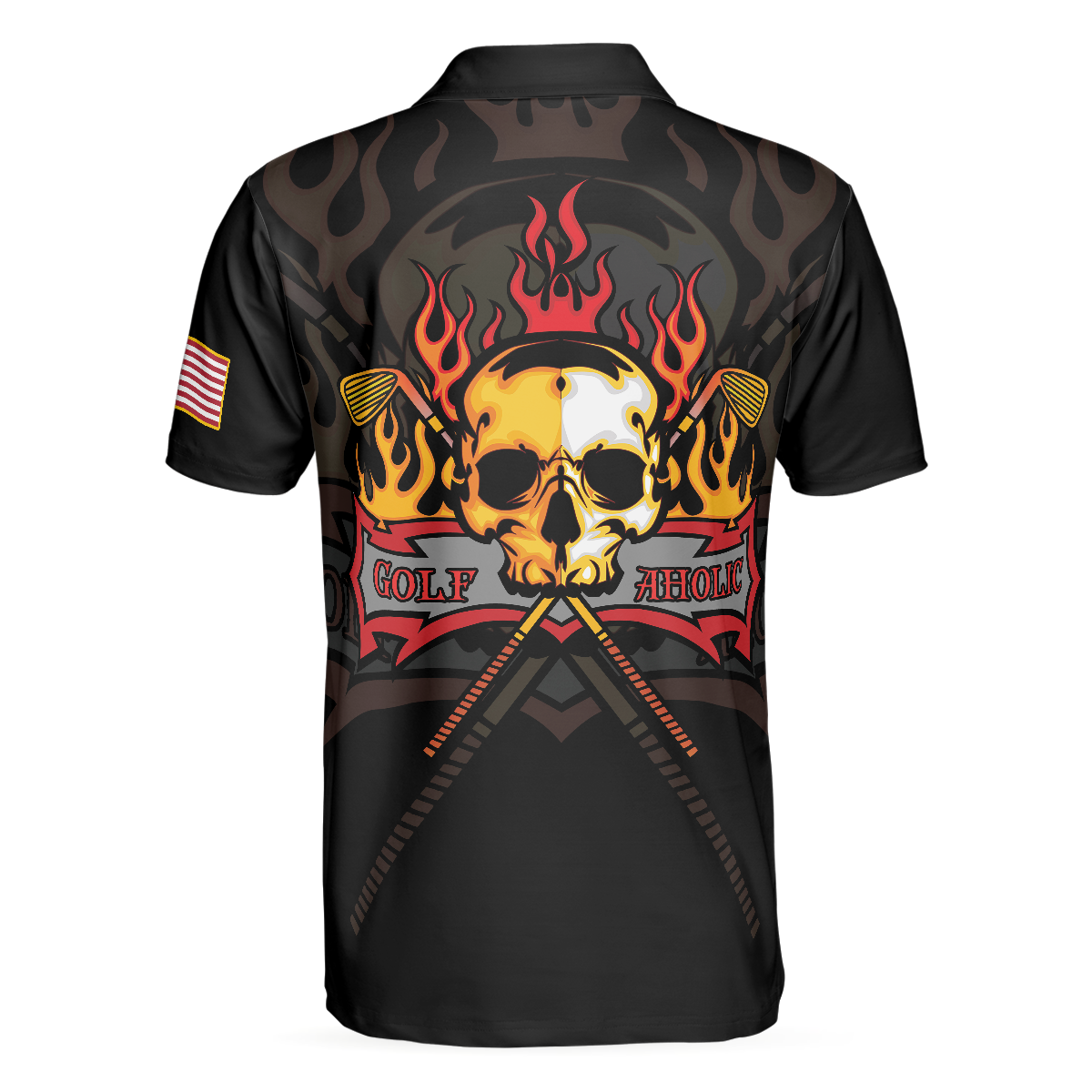 Golf Flame Skull Short Sleeve Golf Polo Shirt, Black American Flag Golf Shirt For Men, Cool Gift For Golfers - Hyperfavor