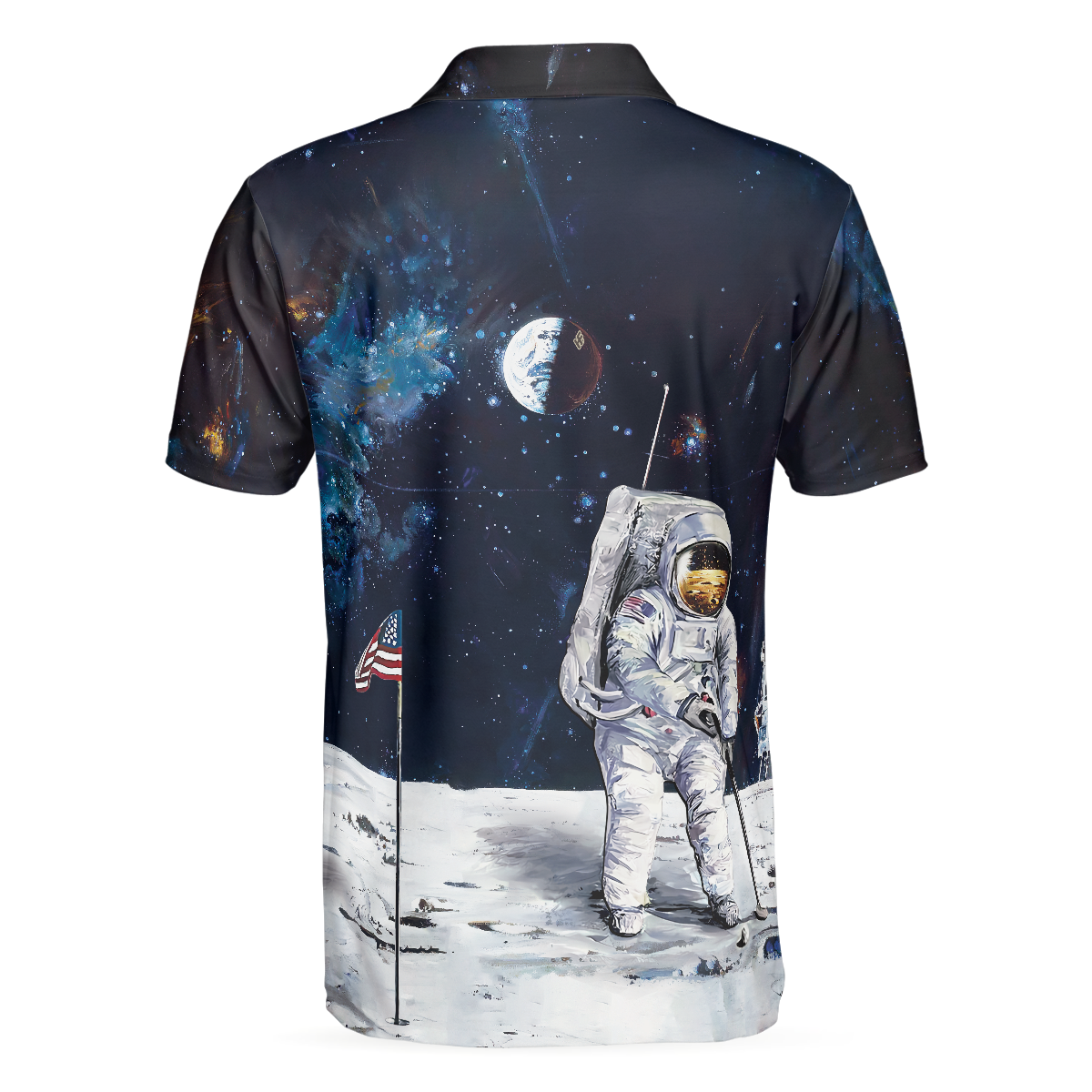 Astronaut Moon Golf Short Sleeve Polo Shirt For Golf, American Flag Polo Shirt, Best Golf Shirt For Men - Hyperfavor