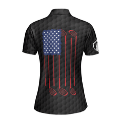 American Women Golfer Black Version Golf Short Sleeve Women Polo Shirt, American Flag Ladies Golf Shirt - Hyperfavor