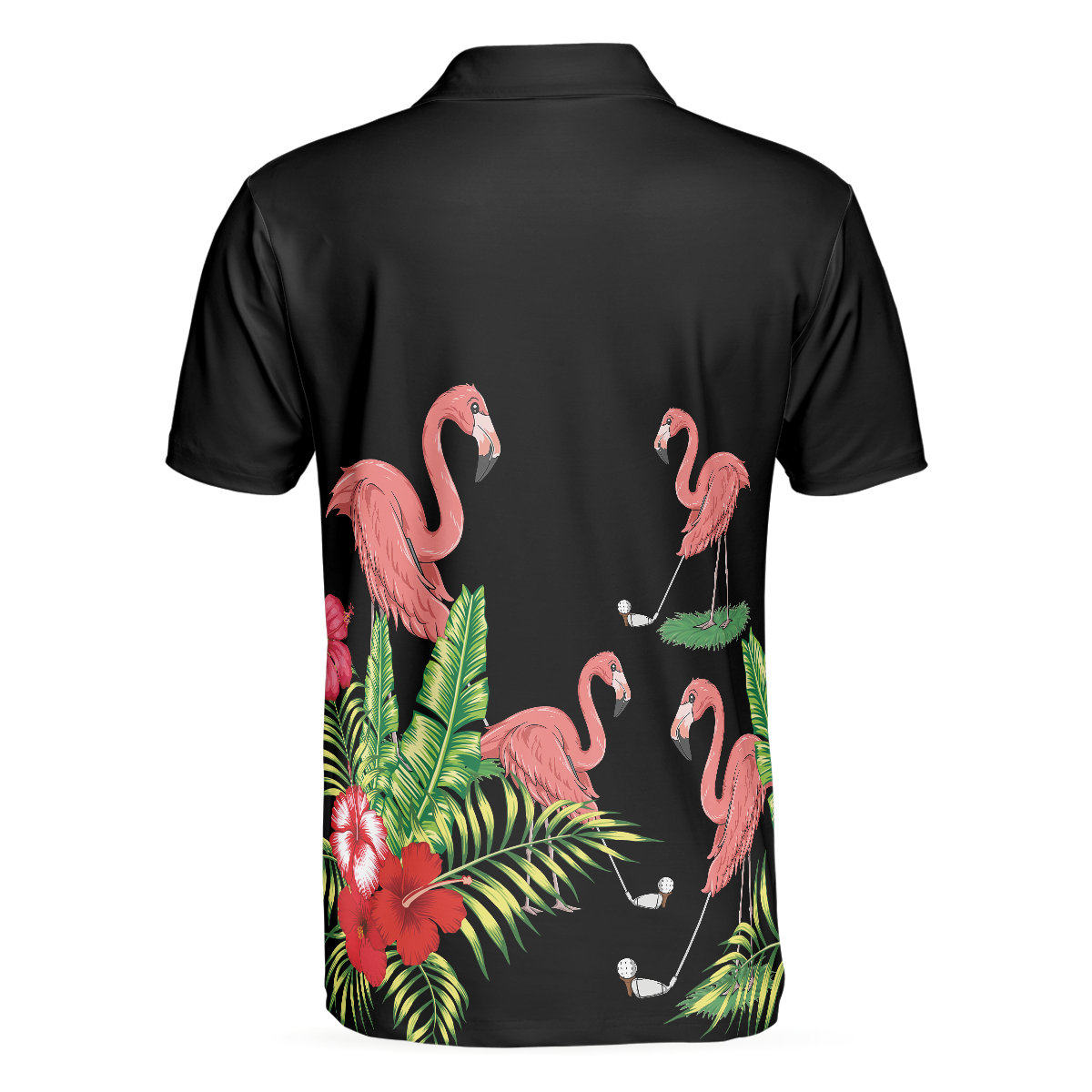 Flamingo Playing Golf And Tropical Pattern Polo Shirt, Pink Flamingo Short Sleeve Polo Shirt For Golfers - Hyperfavor