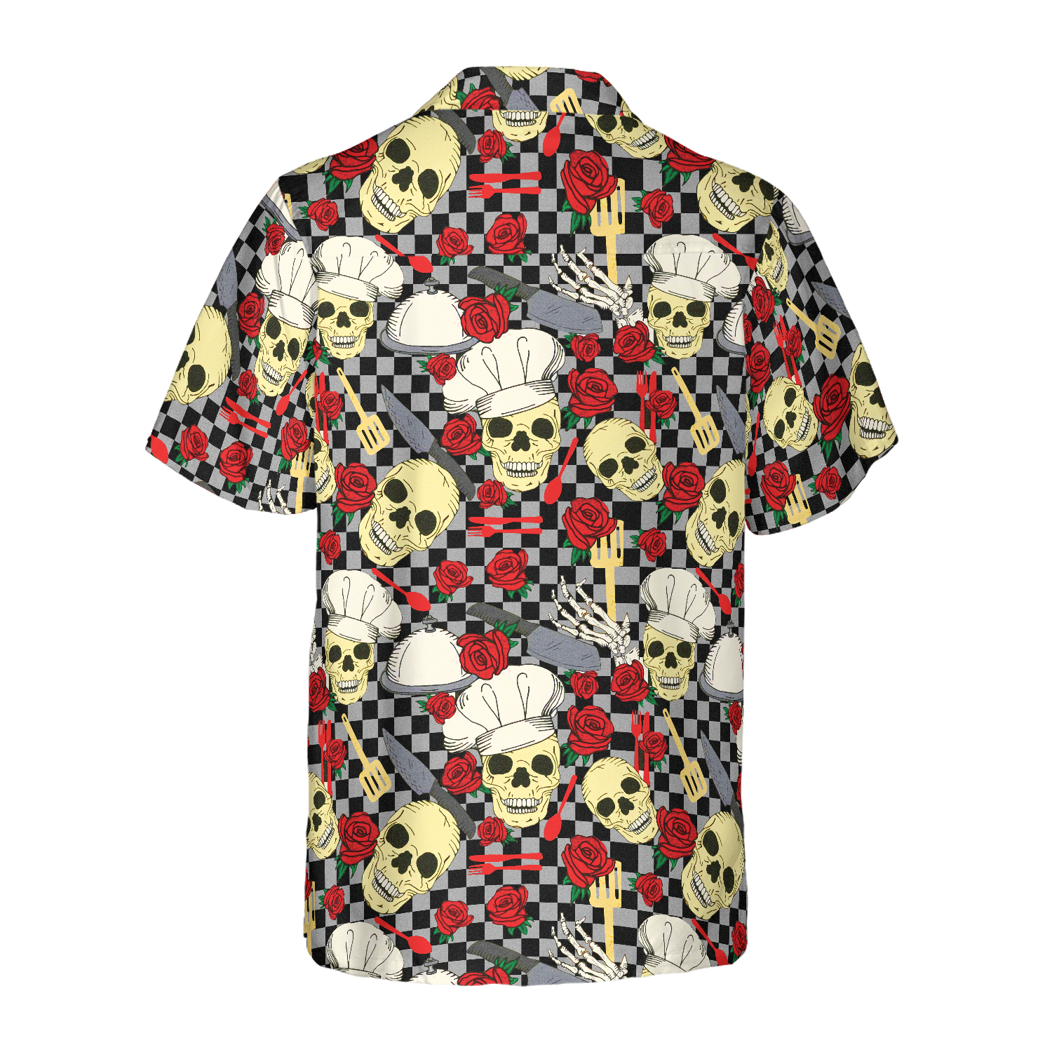 Skulls in Chef Hats and Red Roses Patterned Hawaiian Shirt - Hyperfavor