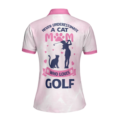 Never Underestimate A Cat Mom Golf Girl V2 Short Sleeve Women Polo Shirt, Pink Paw Pattern Golf Shirt, Golf Gift For Cat Lovers - Hyperfavor