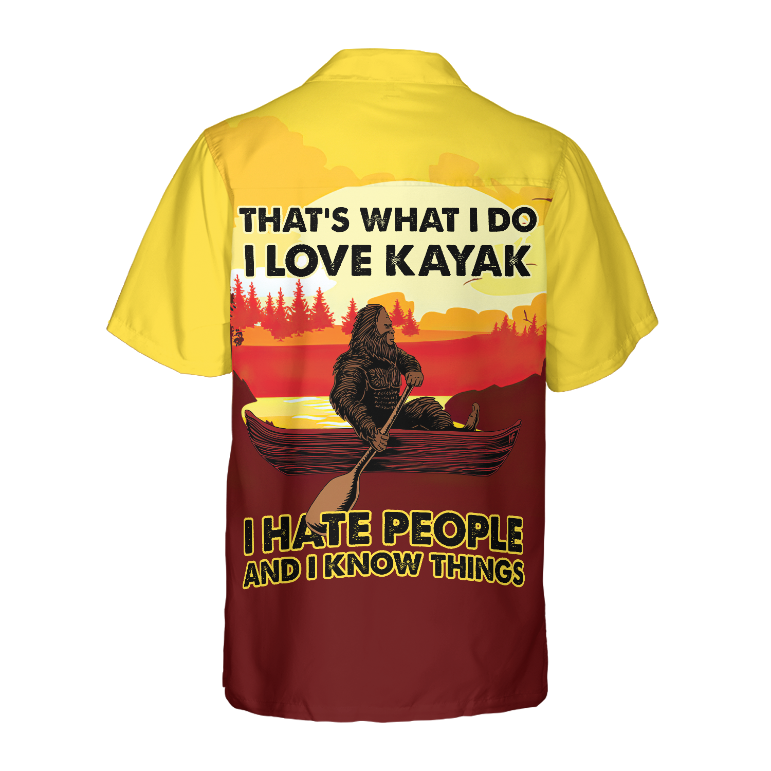 Bigfoot Darryl Love Kayak & Hate People Bigfoot Hawaiian Shirt, Dawn Palette Black And Yellow Kayaking Bigfoot Shirt For Men - Hyperfavor