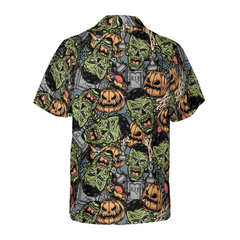 Halloween Monsters Hawaiian Shirt For Men, Rip Grave Board Frankenstein And Jack-o'-lantern Pumpkin Hawaiian Shirt - Hyperfavor