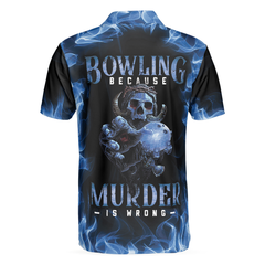 Bowling Murder Polo Shirt, Blue Flame Pattern Bowling Polo Shirt, Scary Skull Shirt Design For Halloween - Hyperfavor