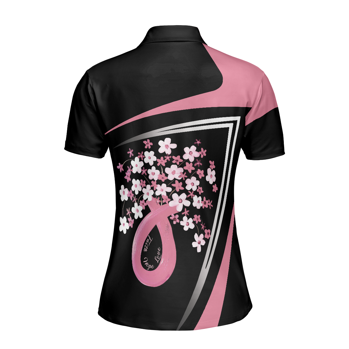 Flowers Faith Hope Love Pink Breast Cancer Awareness Short Sleeve Women Polo Shirt, Awareness Ribbon Polo Shirt For Ladies - Hyperfavor