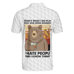 Bear Play Golf And Drink Bourbon White Golf Polo Shirt, Funny Golf Shirt For Men - Hyperfavor