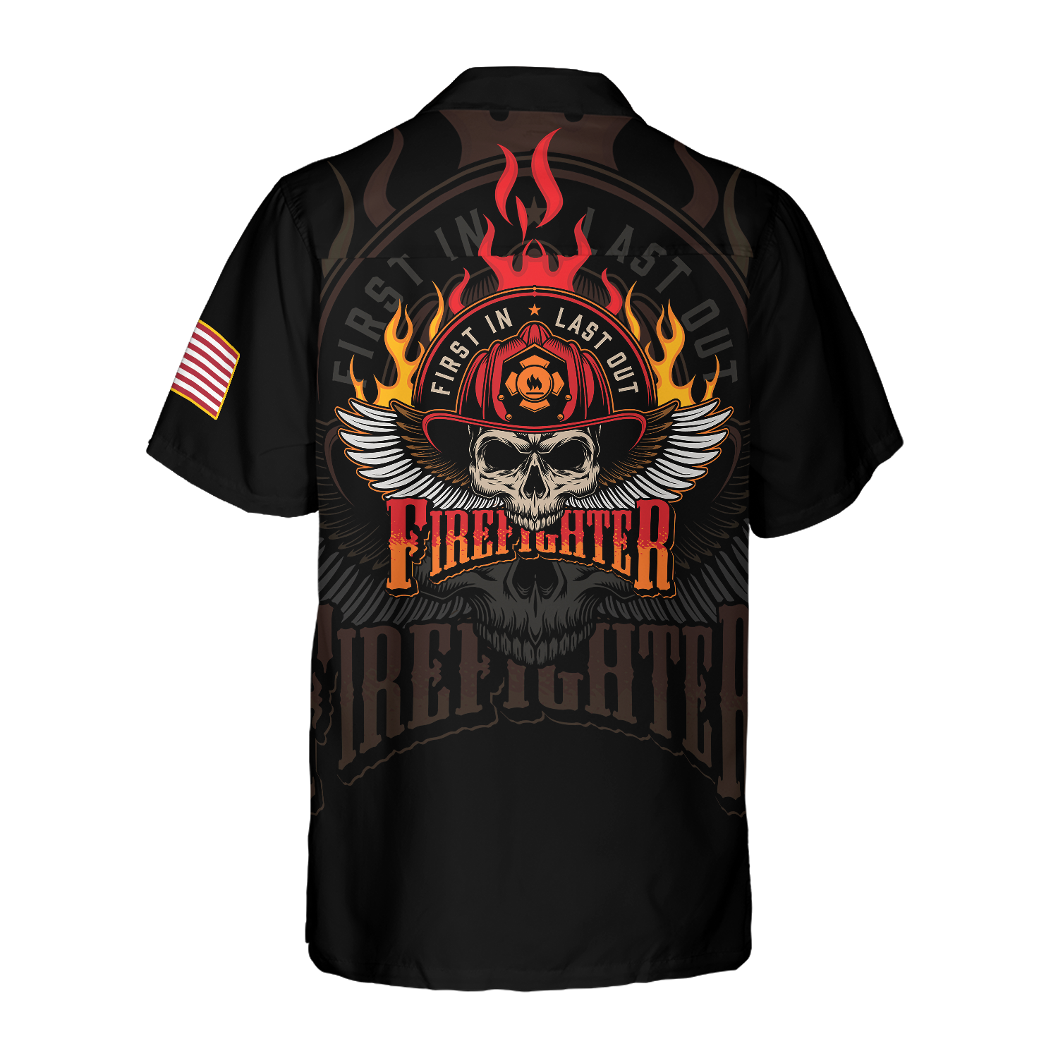 Firefighter Skull Flame Black American Flag Hawaiian Shirt, First In Last Out Firefighter Hawaiian Shirt For Men - Hyperfavor