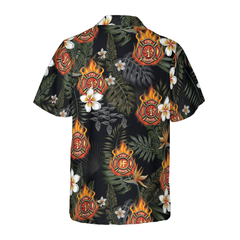 Firefighter Logo On Flame And Black Tropical Seamless Firefighter Hawaiian Shirt, Floral Firefighter Shirt For Men - Hyperfavor