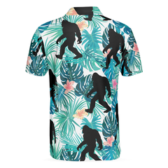 Bigfoot Tropical Short Sleeve Polo Shirt, Floral And Leaves Polo Shirt, Best Bigfoot Shirt For Men - Hyperfavor