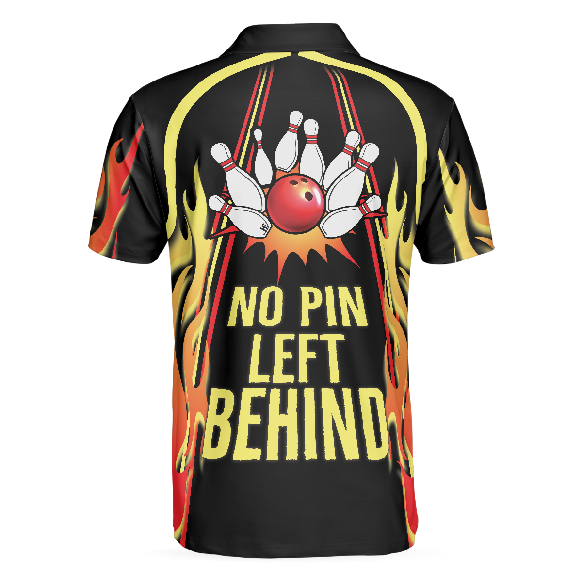 No Pin Left Behind Bowling Polo Shirt, Black Shirt With Flames, Polo Style Bowling Shirt For Men - Hyperfavor