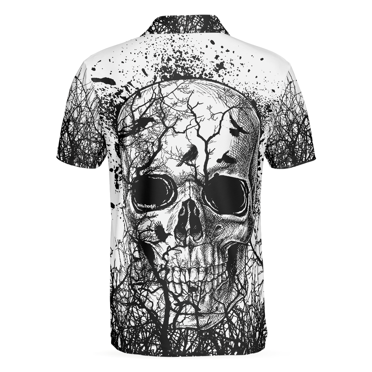 Skull Crow Black And White Short Sleeve Polo Shirt, Dark Forrest Skull Crow Shirt For Men - Hyperfavor