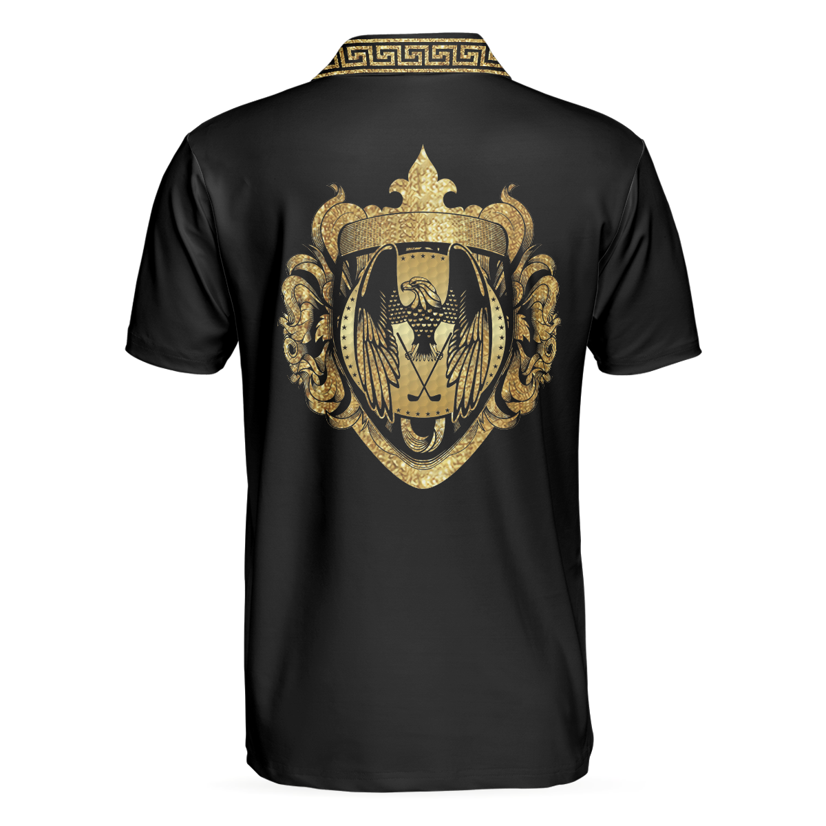 Luxury Baroque Pattern Eagle Badge Golf Polo Shirt, Golden Greek Key Pattern Polo Shirt, Best Golf Shirt For Men - Hyperfavor