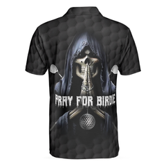 Pray For Birdie Golfing Skeleton Polo Shirt, Black Golf Pattern Skull Polo Shirt, Best Golf Shirt For Men - Hyperfavor