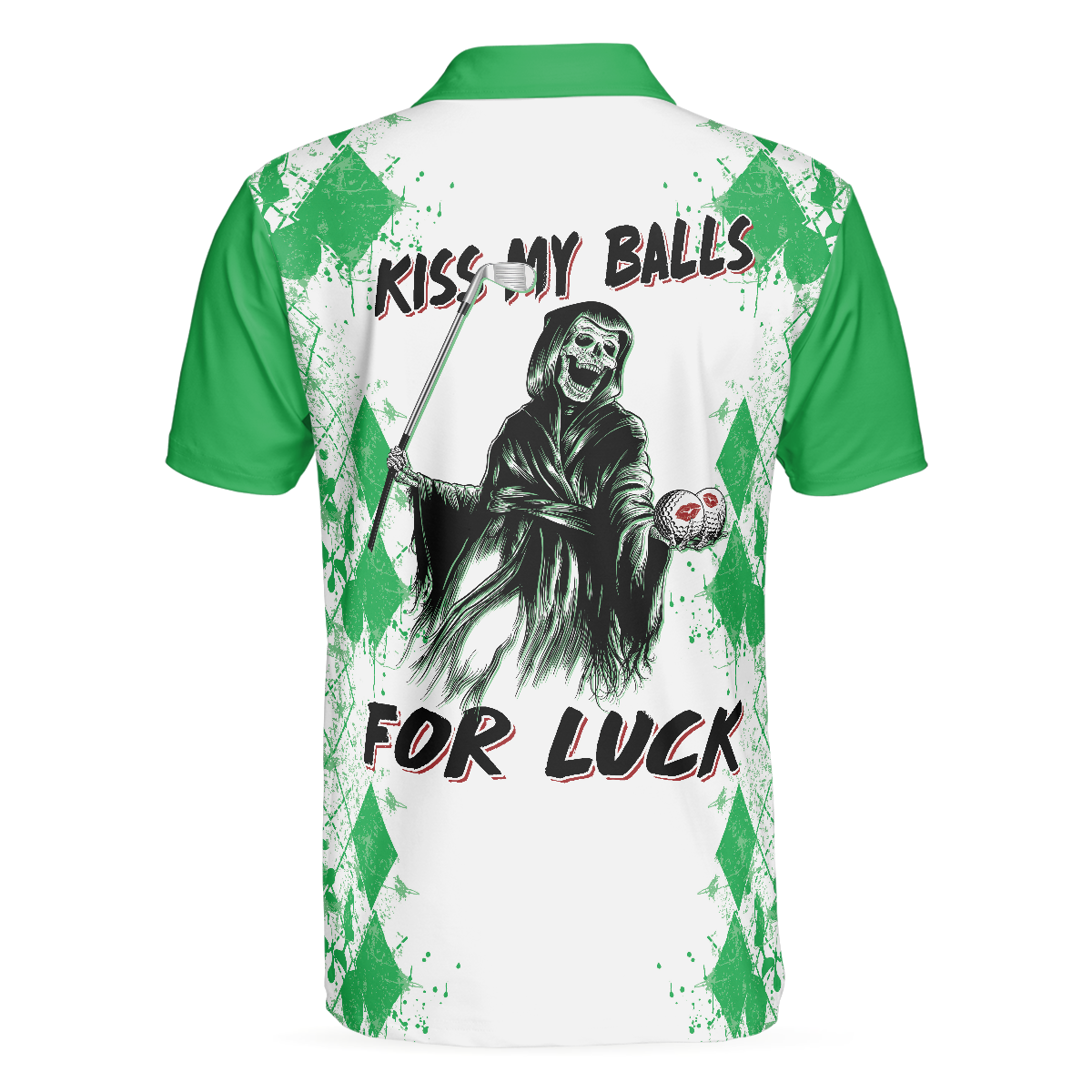 Golf Kiss My Balls Polo Shirt, Green Argyle Pattern Golf Shirt Design, Scary Halloween Golf Gift For Golfers - Hyperfavor