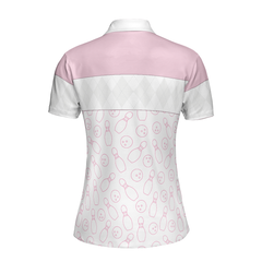 Pink Bowling Balls And Pins Pattern Bowling Short Sleeve Women Polo Shirt, White Bowling Polo Shirt For Ladies - Hyperfavor