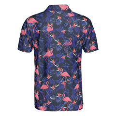 Flower And Flamingo Golf Polo Shirt, Blue Flamingo Pattern Shirt For Golf Players, Gift For Flamingo Fans - Hyperfavor