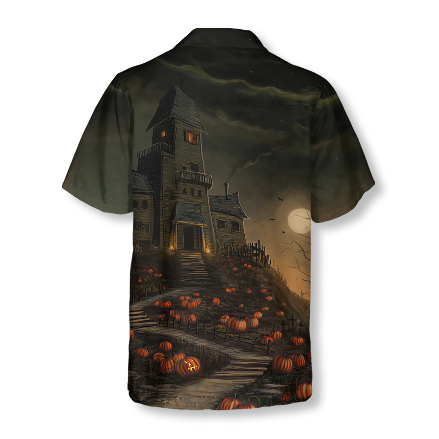 Halloween Haunted House On The Hill With Pumpkin Hawaiian Shirt, Full Moon Haunted Jack-o'-lantern Hawaiian Shirt For Men - Hyperfavor