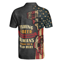 Fishing And Beer Make Me Happy Polo Shirt, Vintage Bigfoot American Flag Fishing Shirt For Men - Hyperfavor