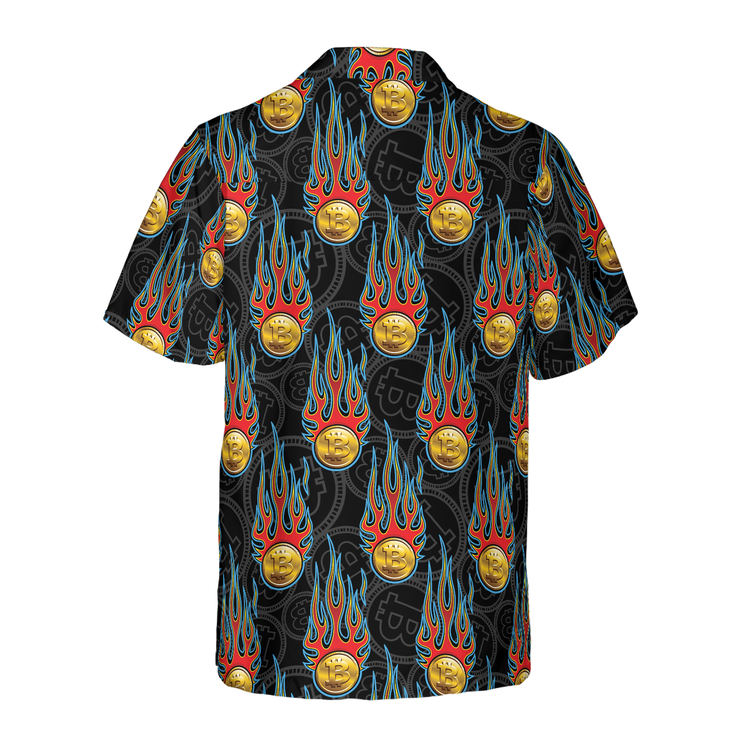 Digital Bitcoin Crypto Currency Pattern With Hotrod Flame Hawaiian Shirt - Hyperfavor