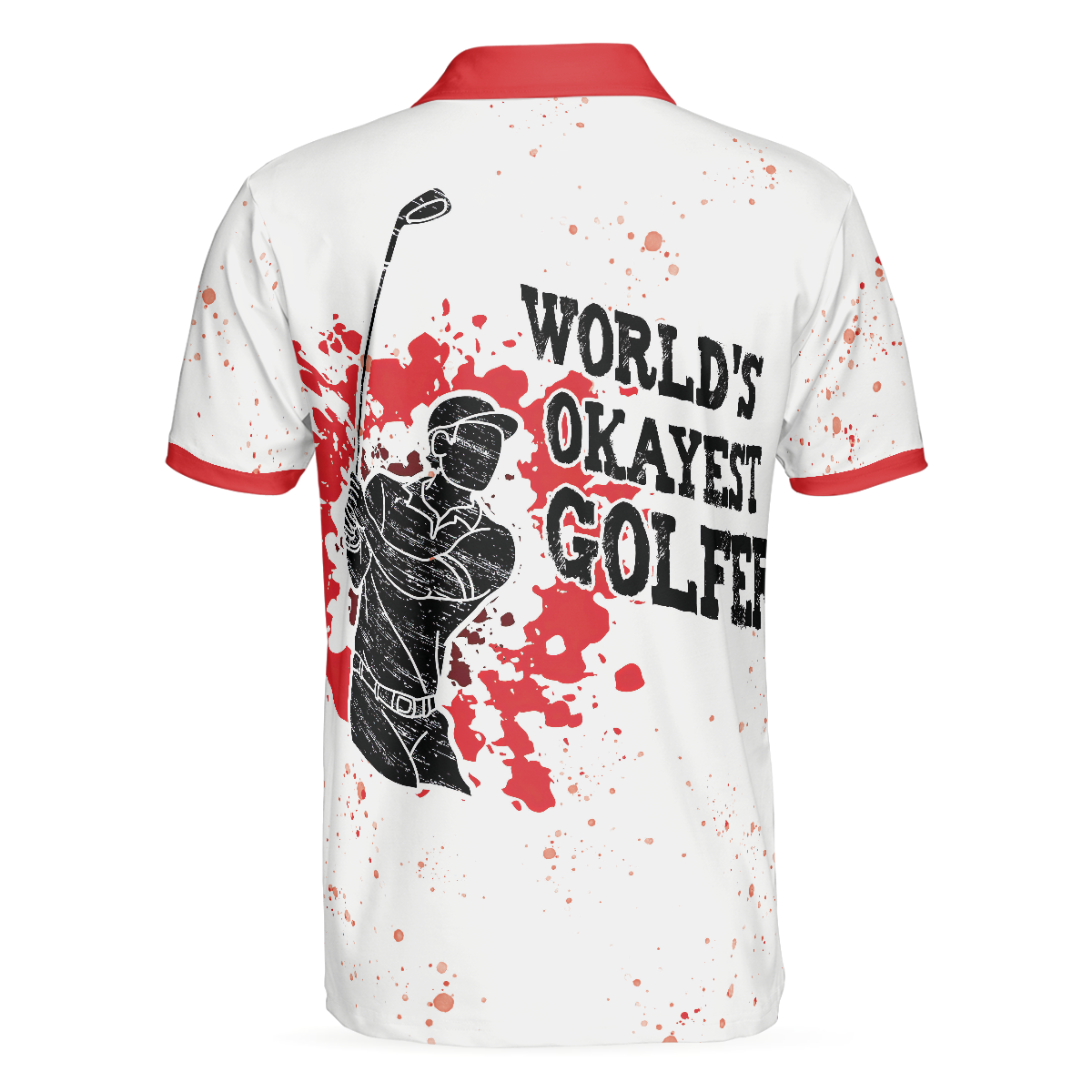 World's Okayest Golfer Golf Polo Shirt, Red Paint Splash Black Golfer Silhouette Polo Shirt, Best Golf Shirt For Men - Hyperfavor