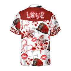 Love Firefighter Helmet Valentine Hawaiian Shirt, Pink Heart Red Floral Firefighter Hawaiian Shirt For Men - Hyperfavor