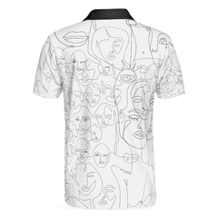 Multiple Face One Line Art White Version Polo Shirt, Black And White Abstract Art Polo Shirt For Women - Hyperfavor