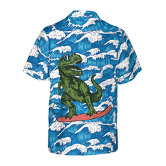 Surfing T-Rex Dinosaur Hawaiian Shirt - Hyperfavor