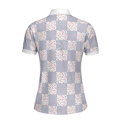 Little Flowers Blue Pink Plaid Short Sleeve Women Polo Shirt - Hyperfavor