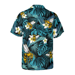 Tropical Blue Leaves & Bees Hawaiian Shirt - Hyperfavor