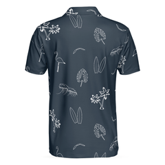 Mini Tropical Icons Polo Shirt, Black And White Tropical Floral Flamingo Polo Shirt For Men - Hyperfavor