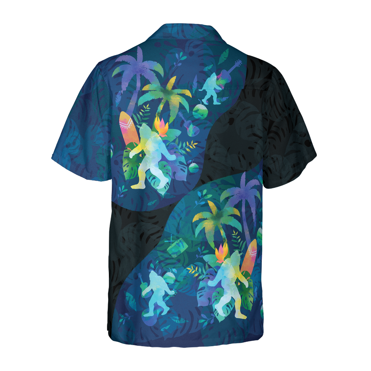 Artistic Summer Bigfoot Hawaiian Shirts for Men, Black and Blue Sasquatch Shirts - Hyperfavor