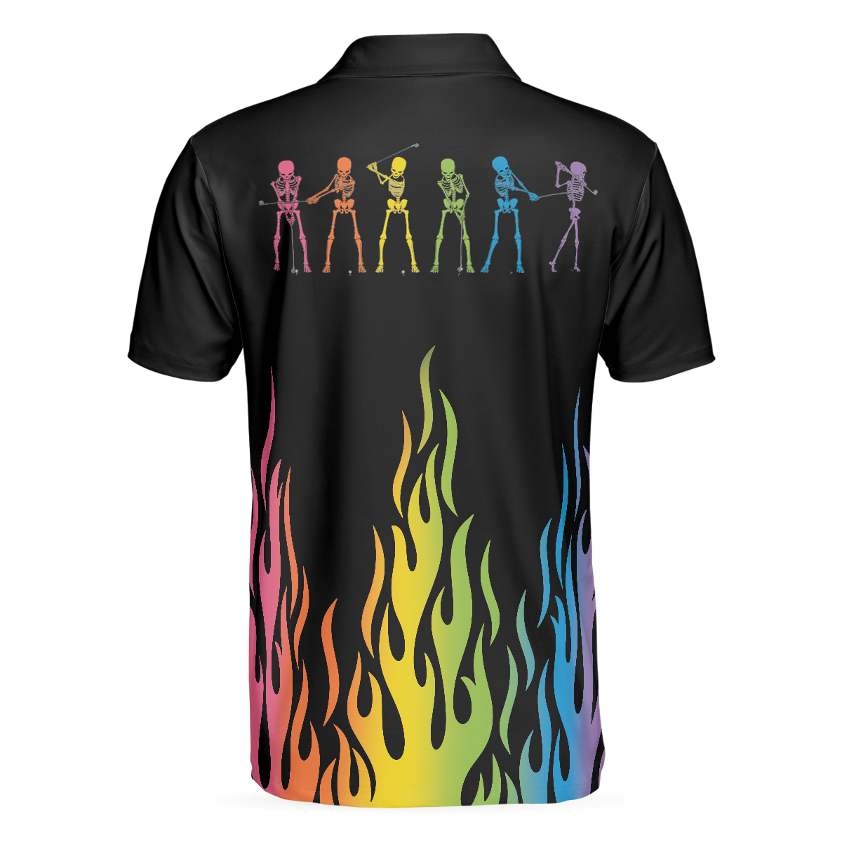 Skeleton Playing Golf Polo Shirt, Rainbow Pallette Fire Golfing Polo Shirt, Cool Golf Shirt For Men - Hyperfavor