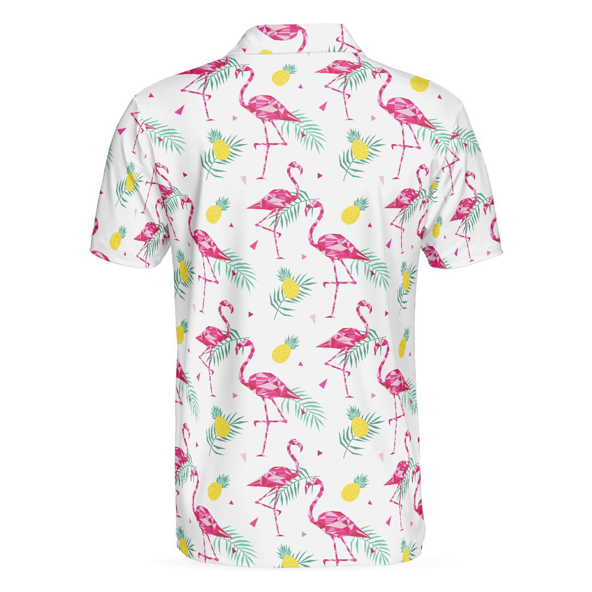 Flamingo And Tropical Pattern Polo Shirt, White Flamingo Themed Polo Shirt, Tropical Flamingo Shirt Design - Hyperfavor