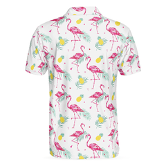 Flamingo And Tropical Pattern Polo Shirt, White Flamingo Themed Polo Shirt, Tropical Flamingo Shirt Design - Hyperfavor