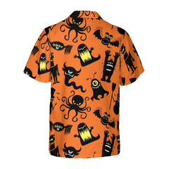 Cute Monster Silhouette Halloween Bigfoot Hawaiian Shirt, Pumpkin Orange And Black Halloween Bigfoot Shirt For Men - Hyperfavor