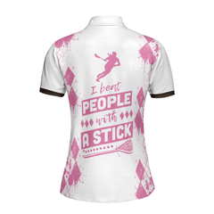 I Beat People With A Stick Lacrosse Short Sleeve Women Polo Shirt, White And Pink Lacrosse Shirt For Ladies - Hyperfavor